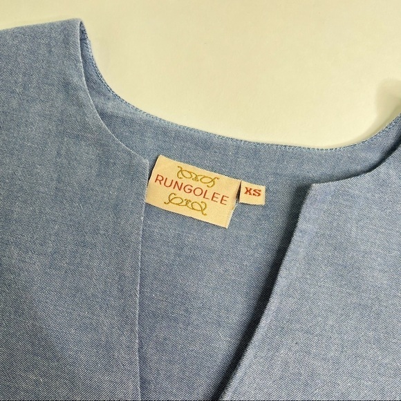 Rungolee Blue Jean Chambray Split Neck Bow Sleeve Casual Boho Hippie Top Shirt - Picture 2 of 13